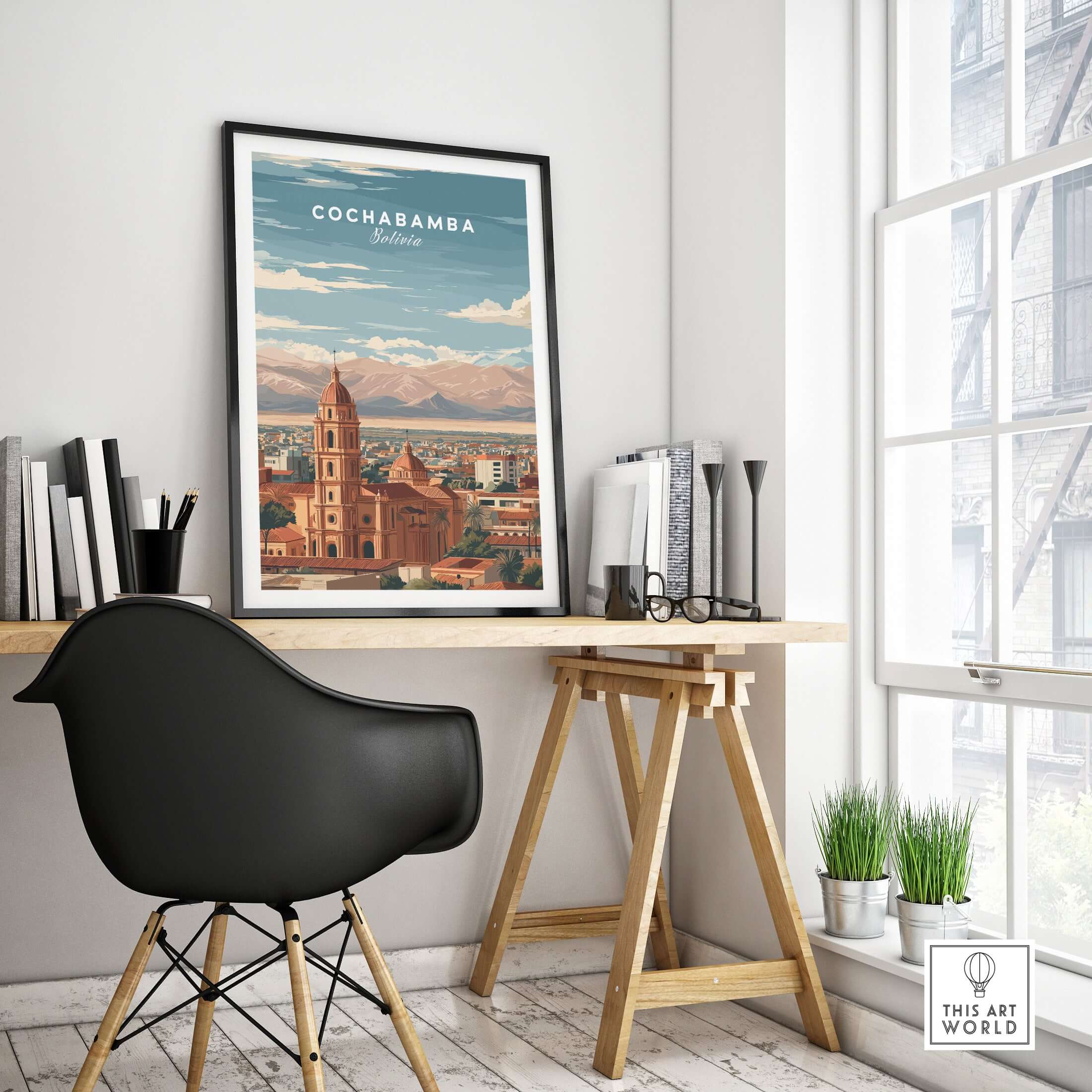 Cochabamba Travel Print Bolivia Wall Art showcasing vibrant landscapes and culture in a stylish home office setting.