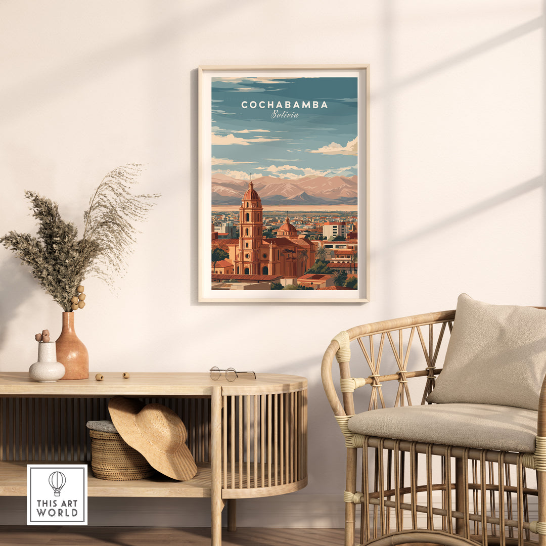 Cochabamba travel print wall art showcasing urban charm and Andean landscapes, perfect for home decor.