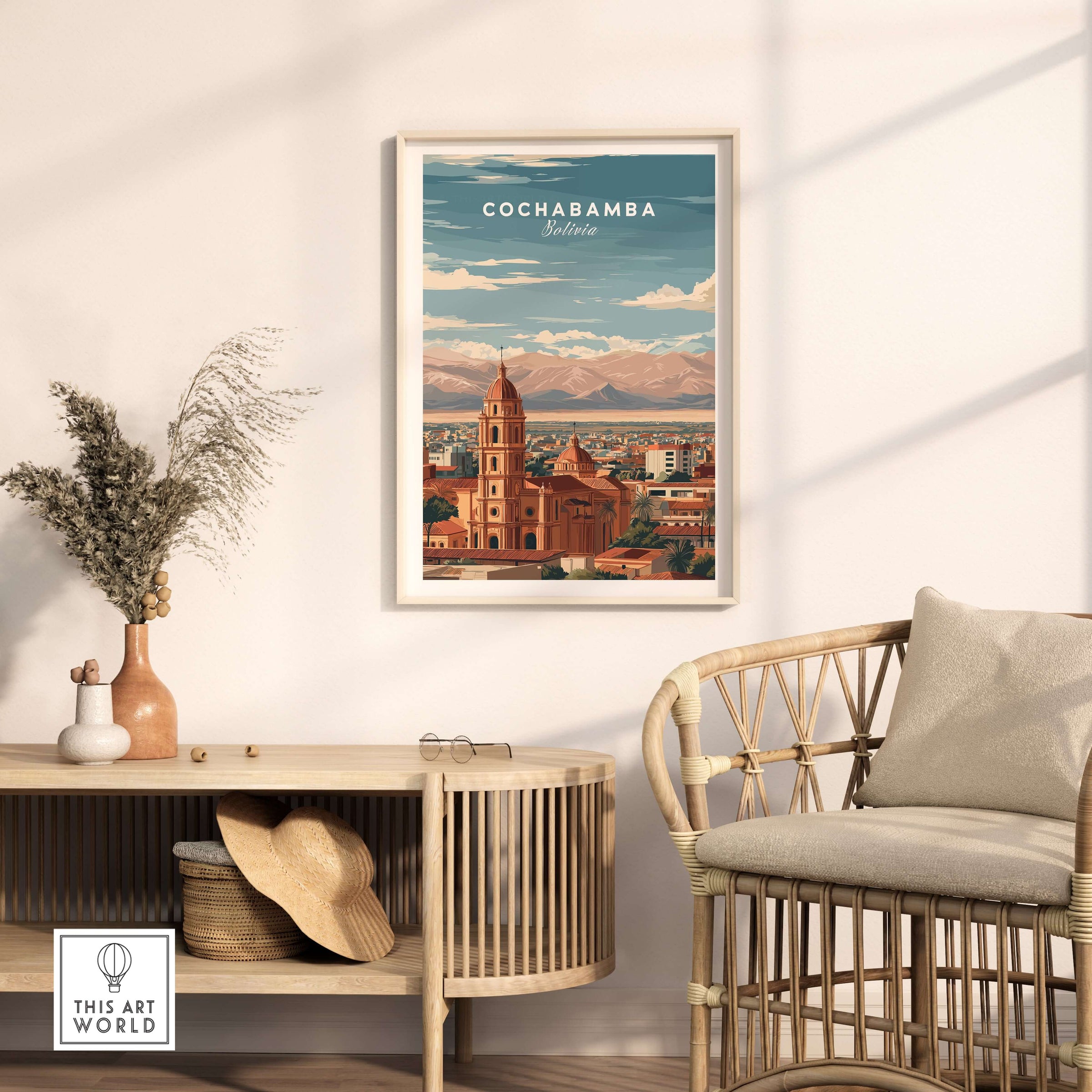 Cochabamba Travel Print Bolivia Wall Art displayed in a stylish home setting showcasing Andean landscapes.