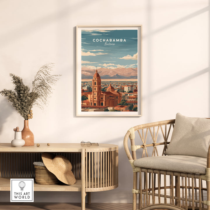 Cochabamba travel print wall art showcasing urban charm and Andean landscapes, perfect for home decor.