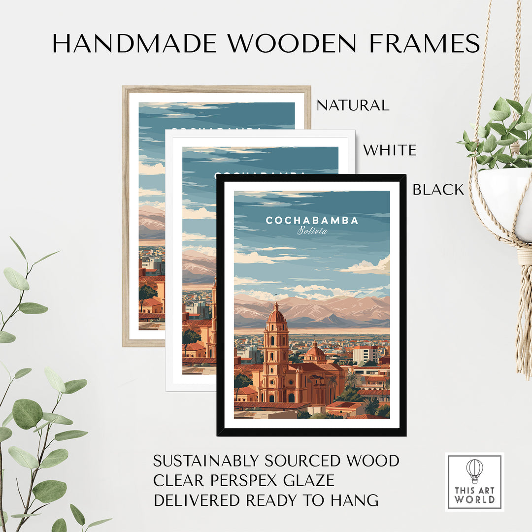 Handmade wooden frames in natural, white, and black for Cochabamba travel print, ready to hang.
