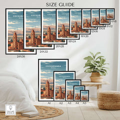 Cochabamba Travel Print Bolivia Wall Art Size Guide showcasing frame dimensions for wall art display options.