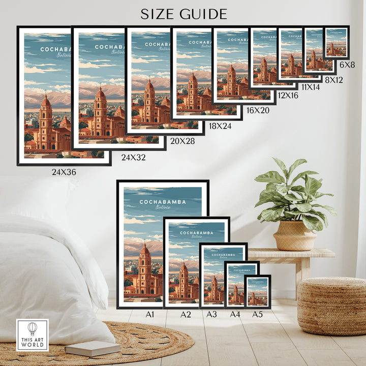 Cochabamba travel print size guide showing various frame sizes in a stylish interior setting.