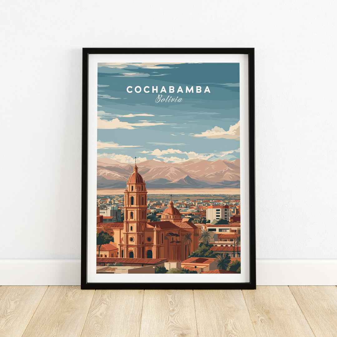 Cochabamba Bolivia travel print showcasing urban landscape and Andean mountains, perfect wall art for decor.