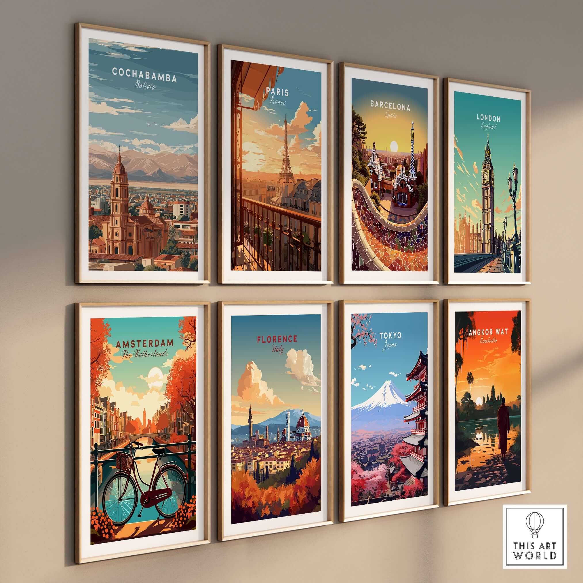 Cochabamba Travel Print Bolivia Wall Art featuring vibrant cityscapes and cultural landmarks in a gallery arrangement.