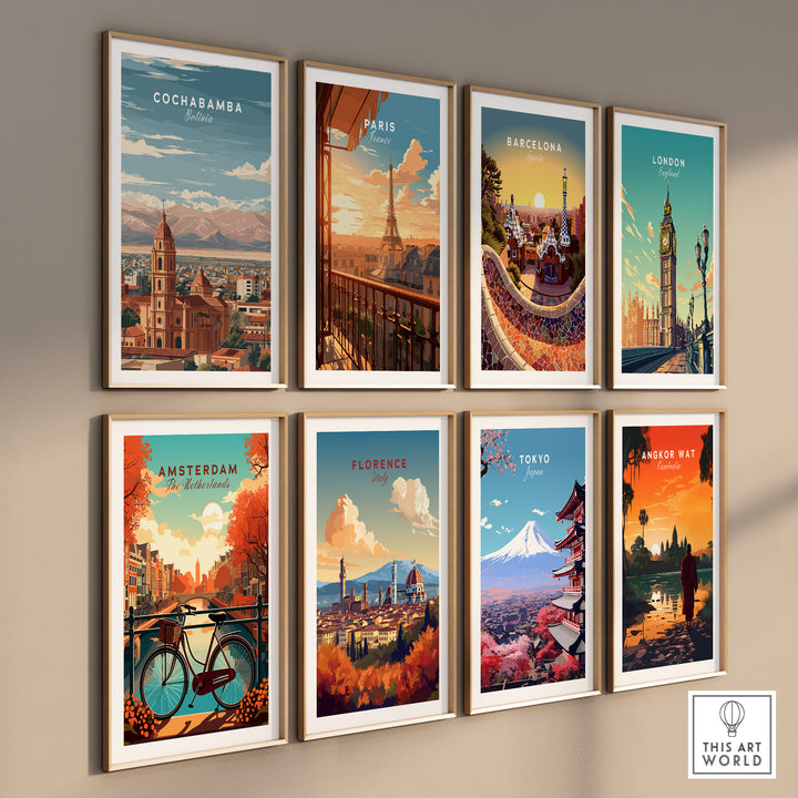 Collection of vibrant travel prints featuring Cochabamba, Paris, Barcelona, London, and more for wall art decor.