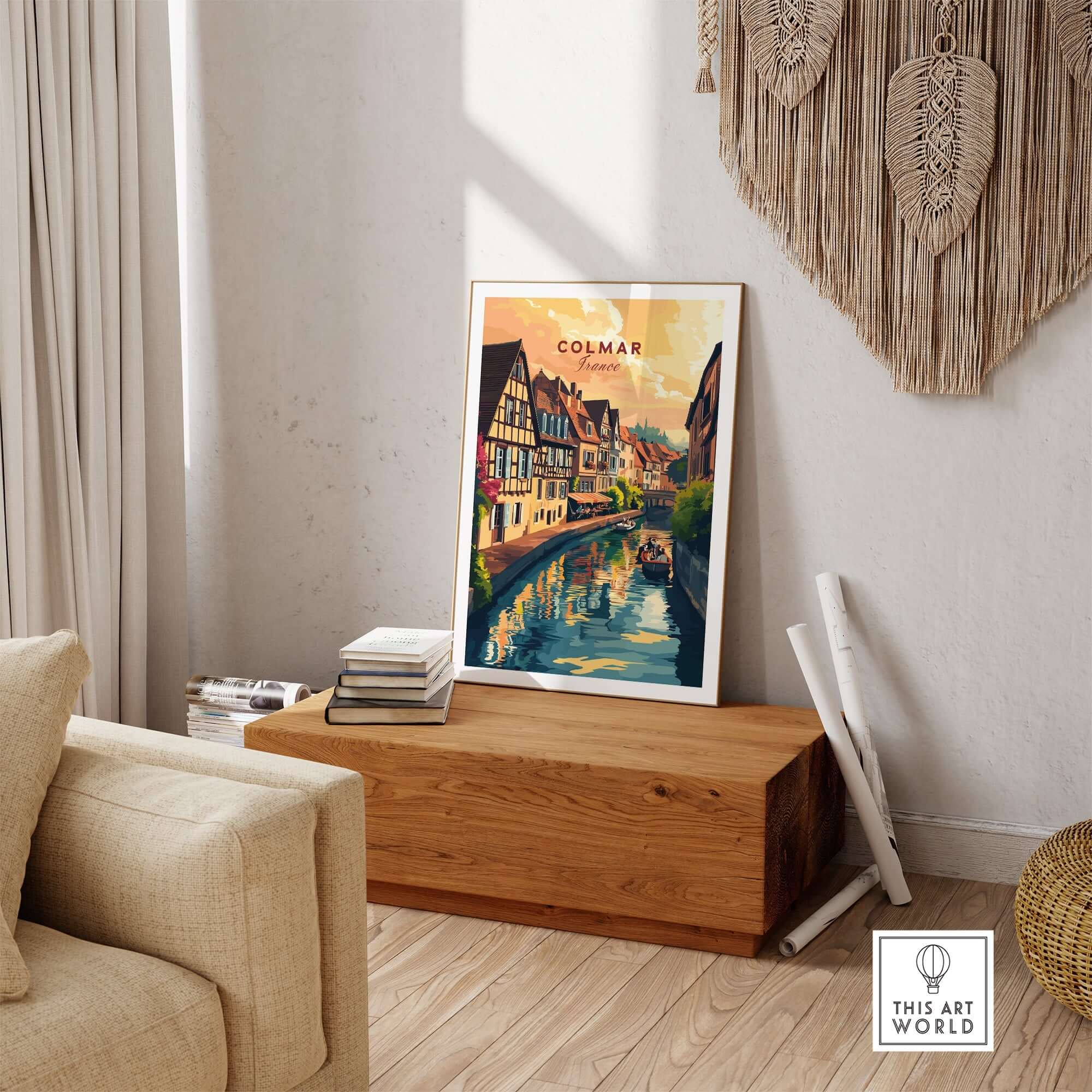 Colmar Art Print displayed in a cozy living room setting, featuring vibrant colors and charming street view of Colmar, France.