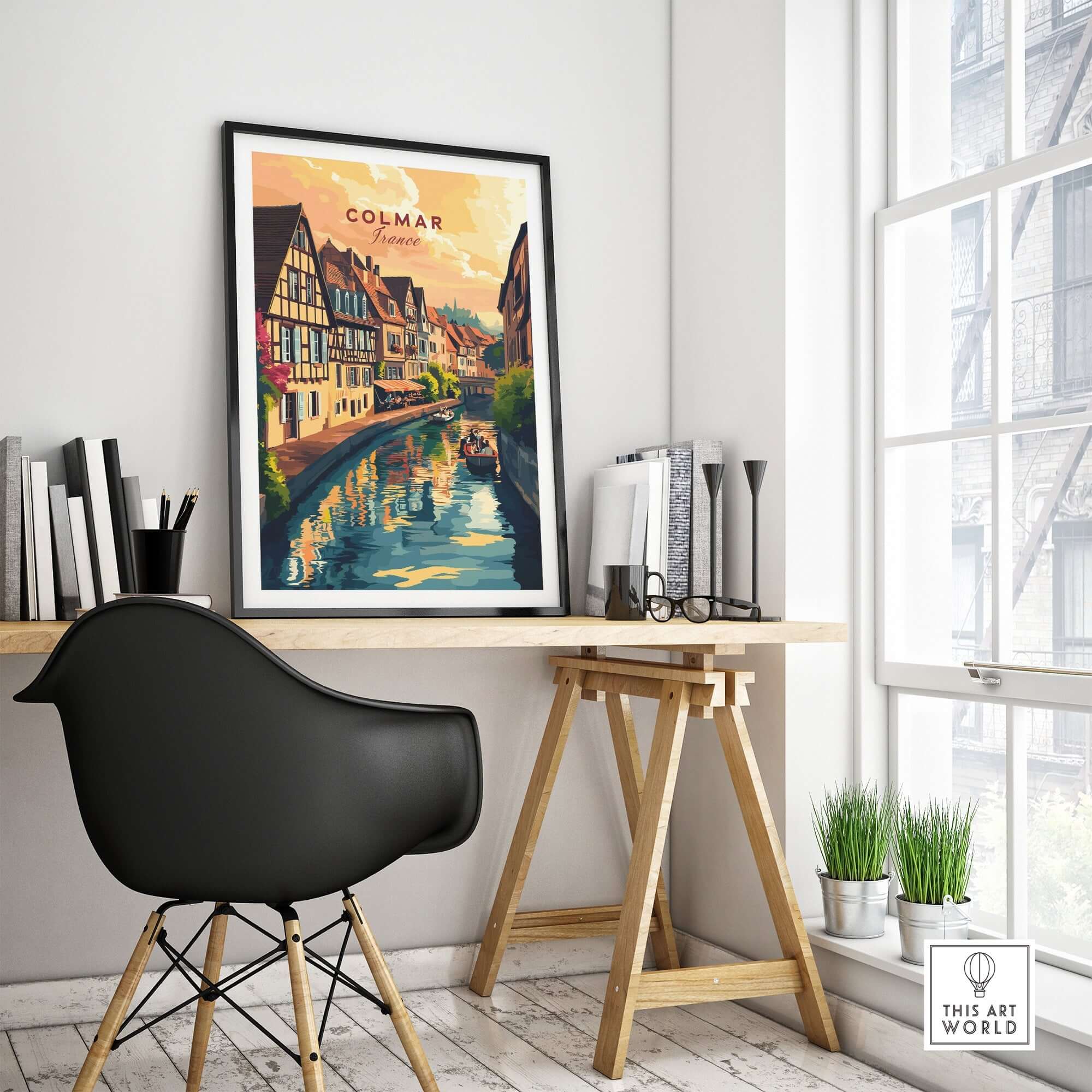Colmar Art Print displayed in a modern workspace, adding charm and beauty to the room.