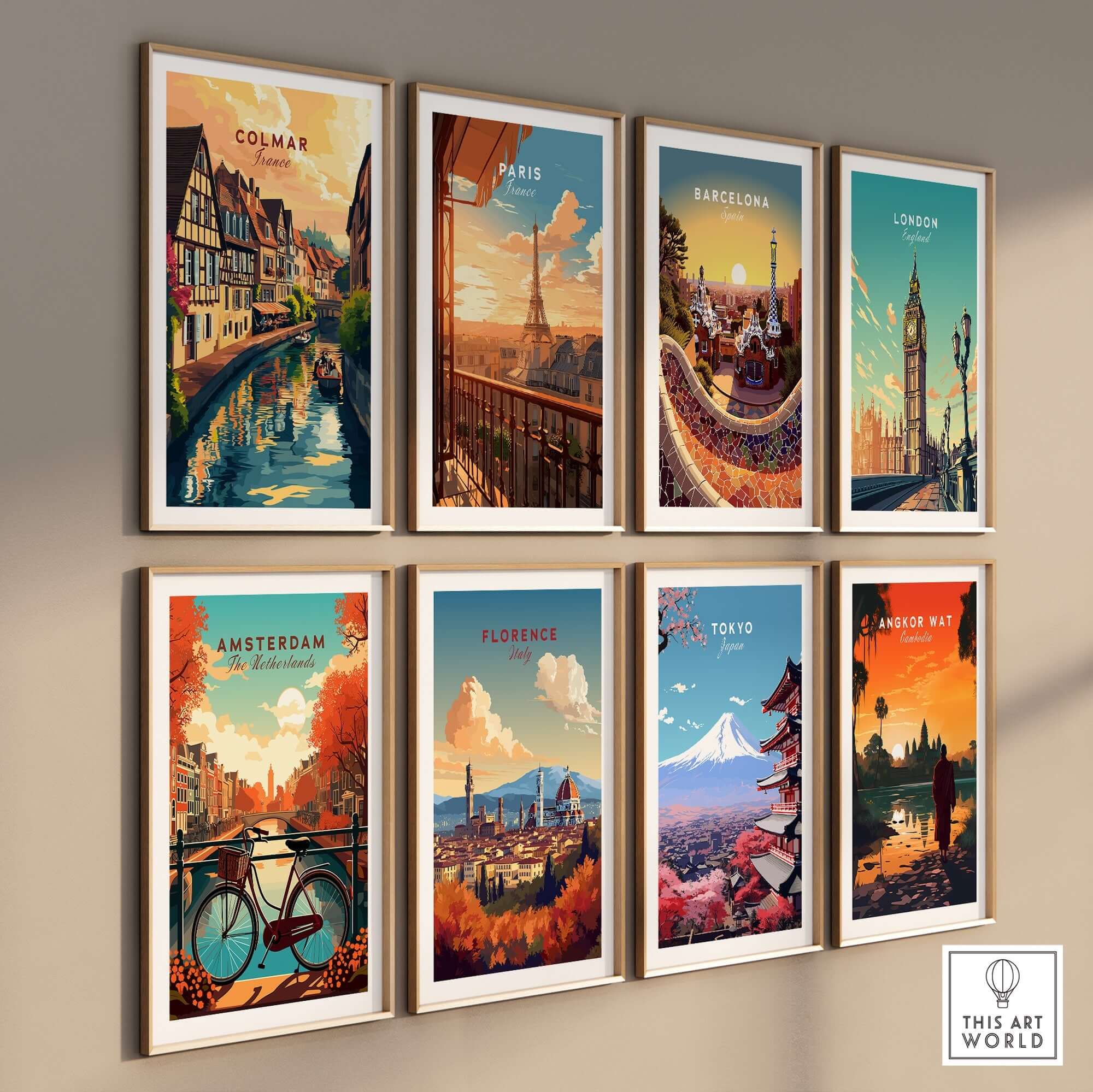 Colmar Art Print among vibrant travel posters of Paris, Barcelona, London, and more, showcasing beautiful cityscapes.