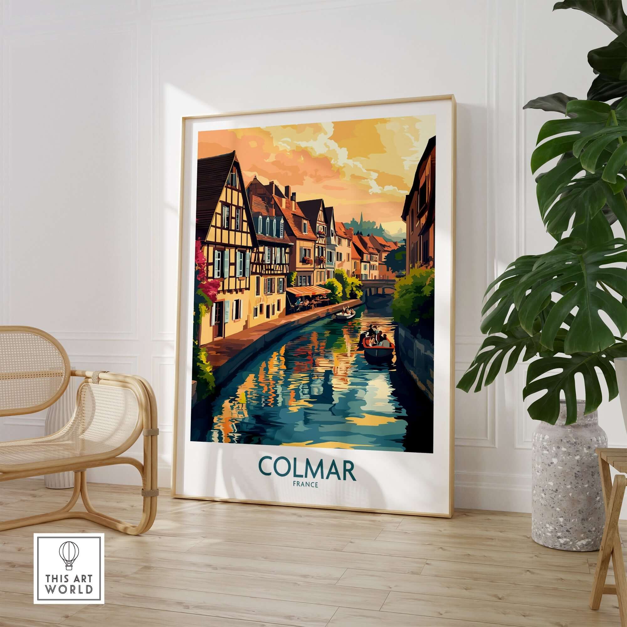 Colmar Print showcasing a vibrant travel poster of the picturesque canals of Colmar, France.