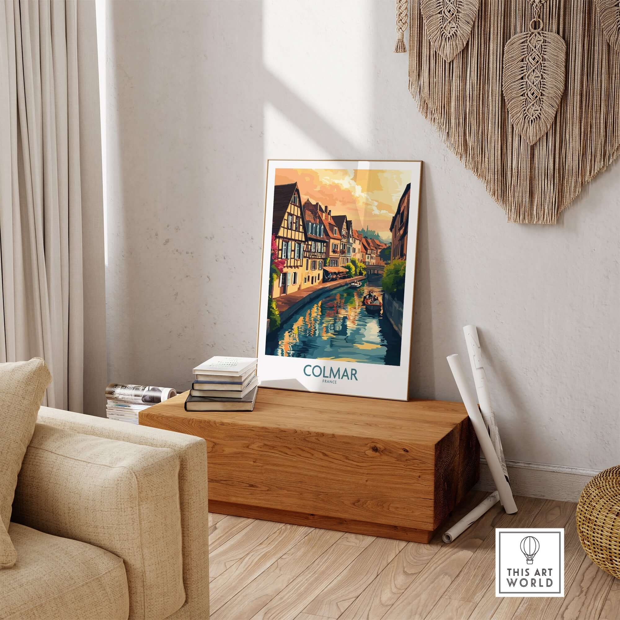 Colmar Print travel poster showing colorful buildings by a canal in Colmar, France, perfect for home or office decor.