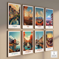 Art print collage featuring travel posters including Colmar Print and more iconic cities.