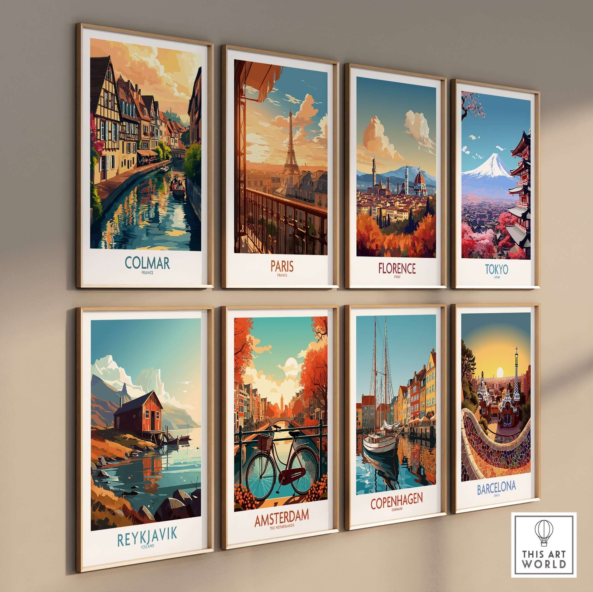 Art print collage featuring travel posters including Colmar Print and more iconic cities.