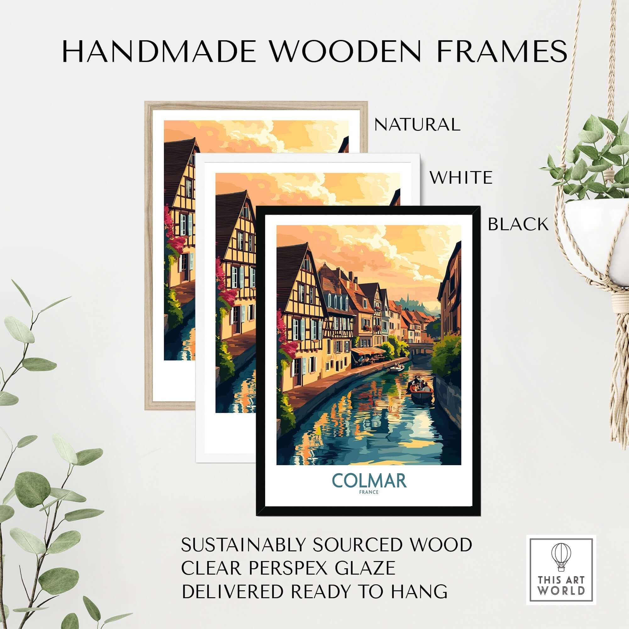 Colmar Print featuring handmade wooden frames in natural, white, and black options.