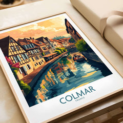 Colmar Print of a picturesque canal scene in Colmar, France, featuring charming houses and boats.
