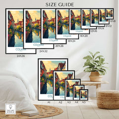Colmar Travel Poster size guide displaying various frame sizes for the vibrant Colmar travel poster.