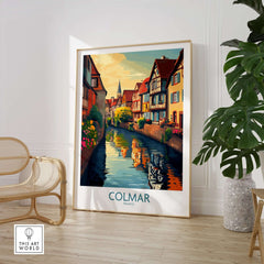 Colmar Travel Poster featuring picturesque canals and charming streets of Colmar, France.