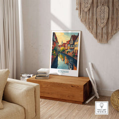 Colmar Travel Poster showcasing vibrant colors of canals and streets in Colmar, France, perfect for home decor.