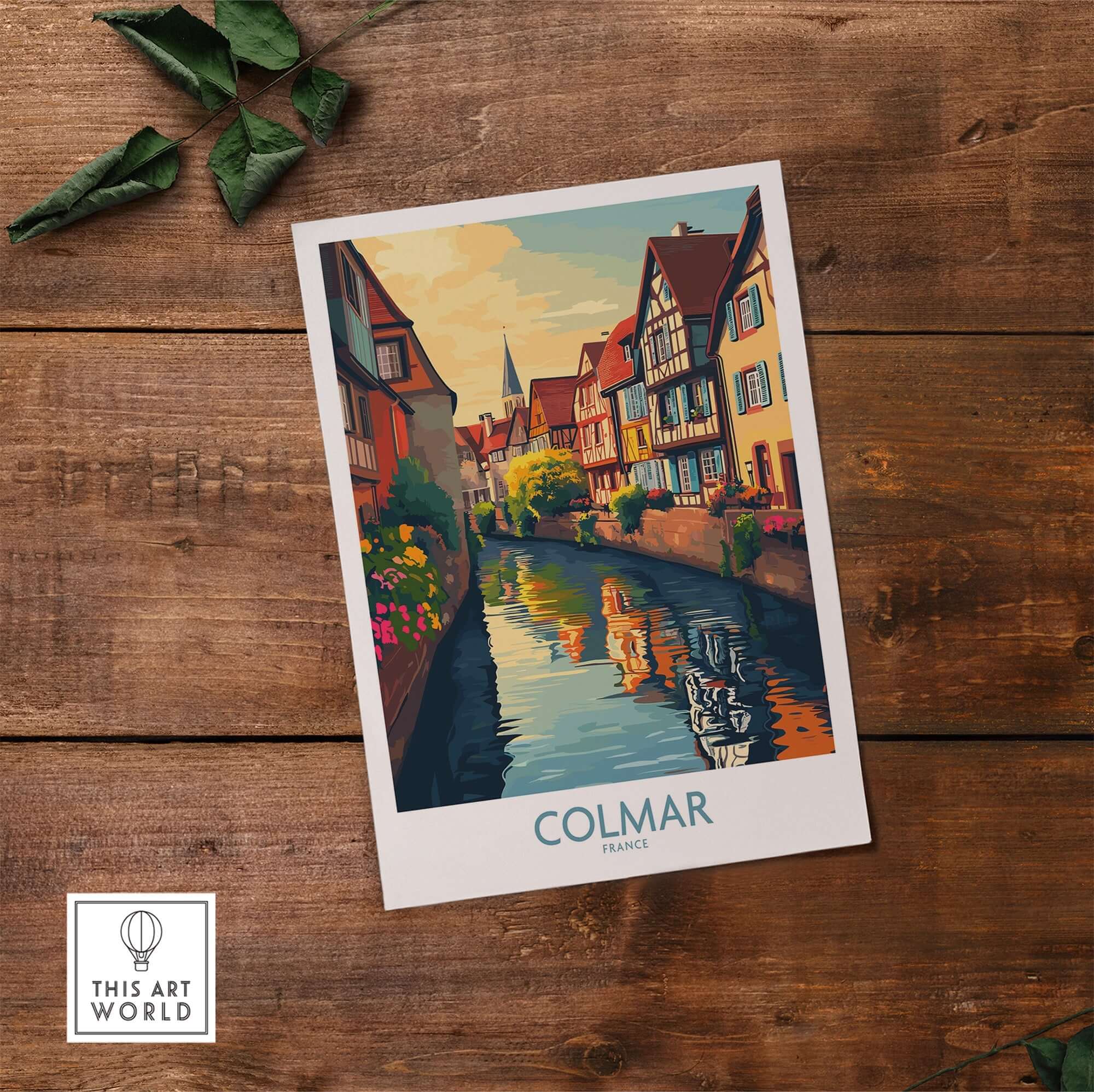 Colmar Travel Poster showcasing vibrant canals and charming streets of Colmar, France in an artistic print.