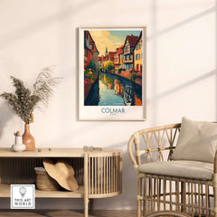 Colmar Travel Poster showcasing picturesque canals and charming streets of Colmar, France, enhancing any interior decor.