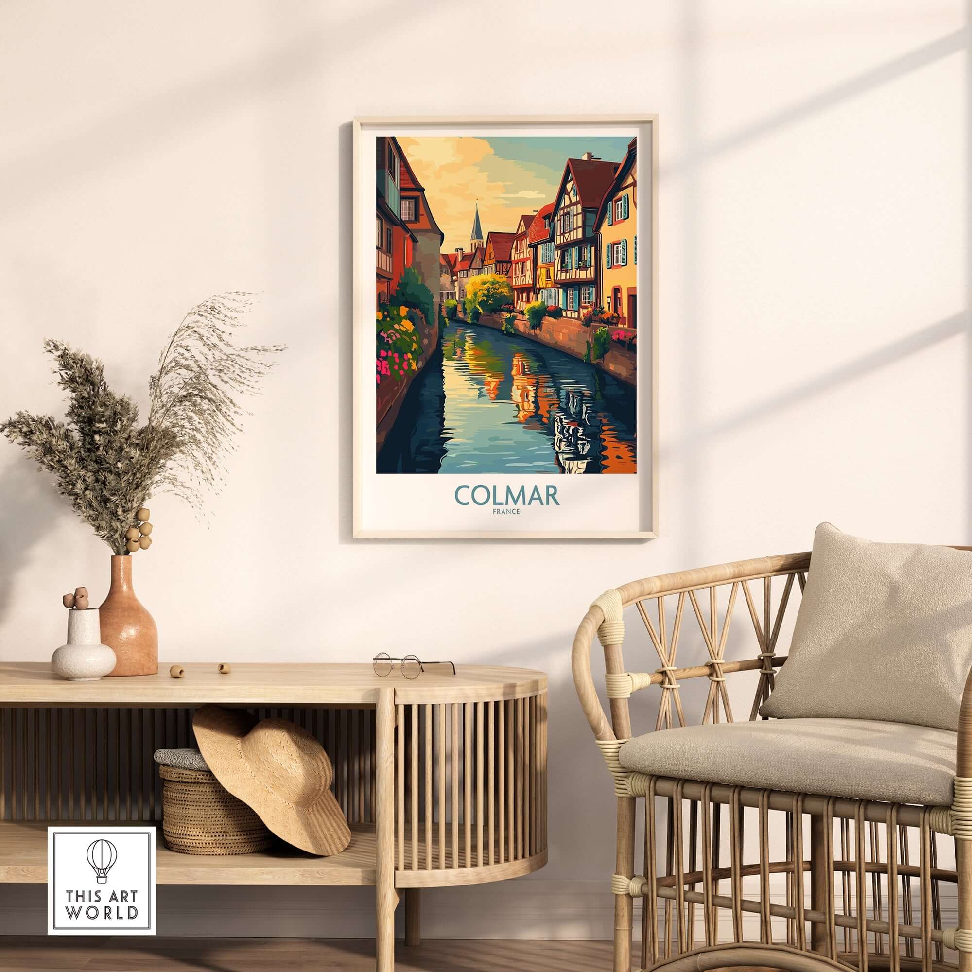 Colmar Travel Poster showcasing picturesque canals and charming streets of Colmar, France, enhancing any interior decor.
