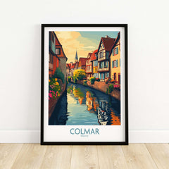 Colmar Travel Poster showcasing a picturesque canal scene with colorful houses in Colmar, France.