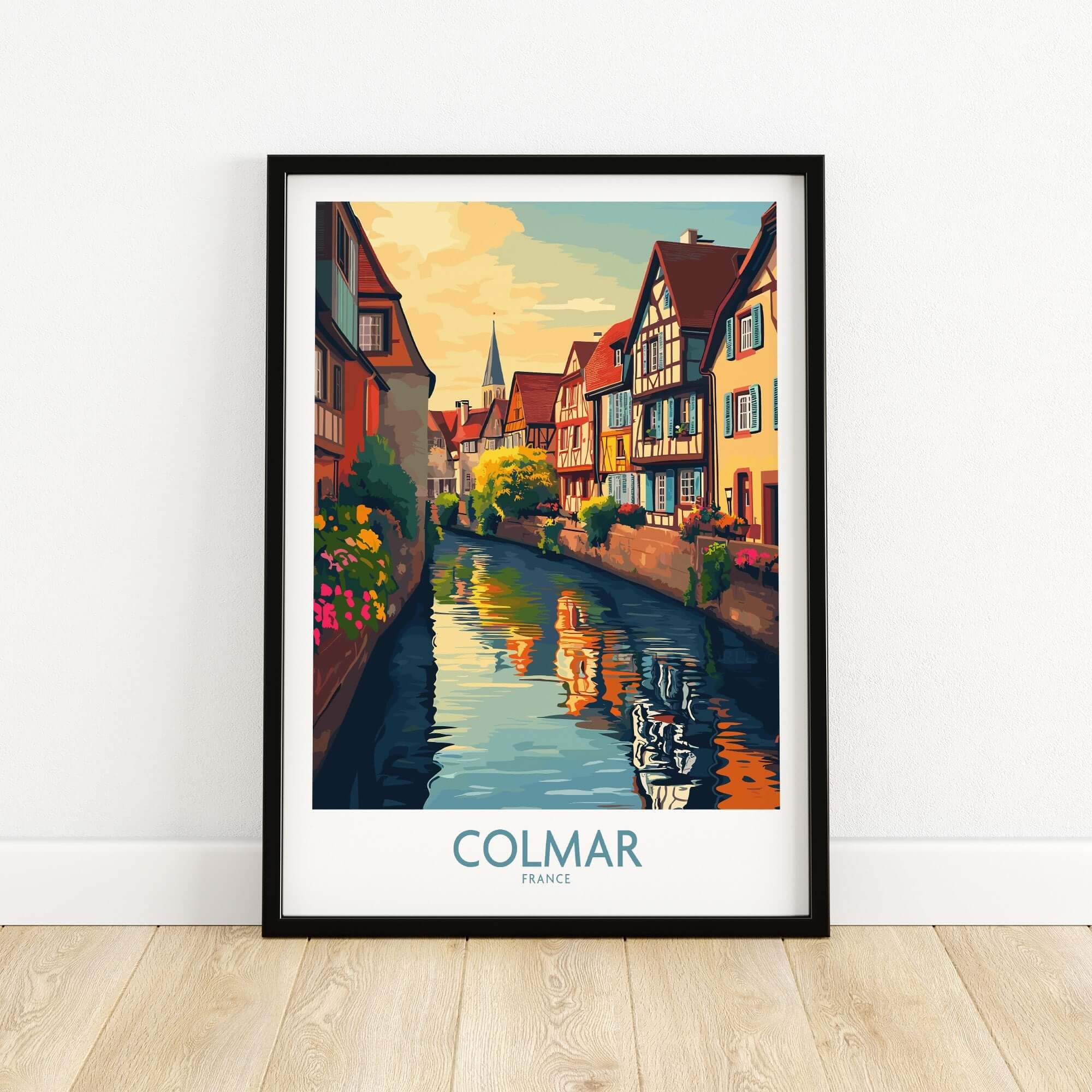 Colmar Travel Poster showcasing a picturesque canal scene with colorful houses in Colmar, France.