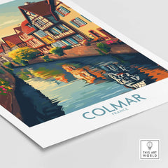Colmar Travel Poster featuring a picturesque view of canals and charming buildings in Colmar, France.