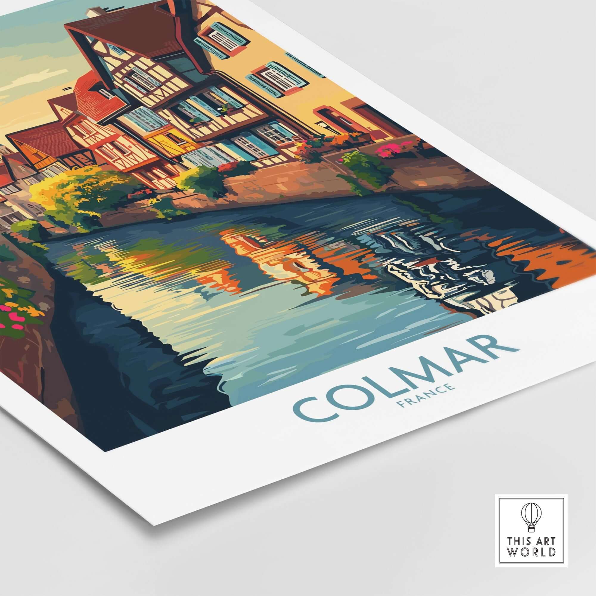 Colmar Travel Poster featuring a picturesque view of canals and charming buildings in Colmar, France.