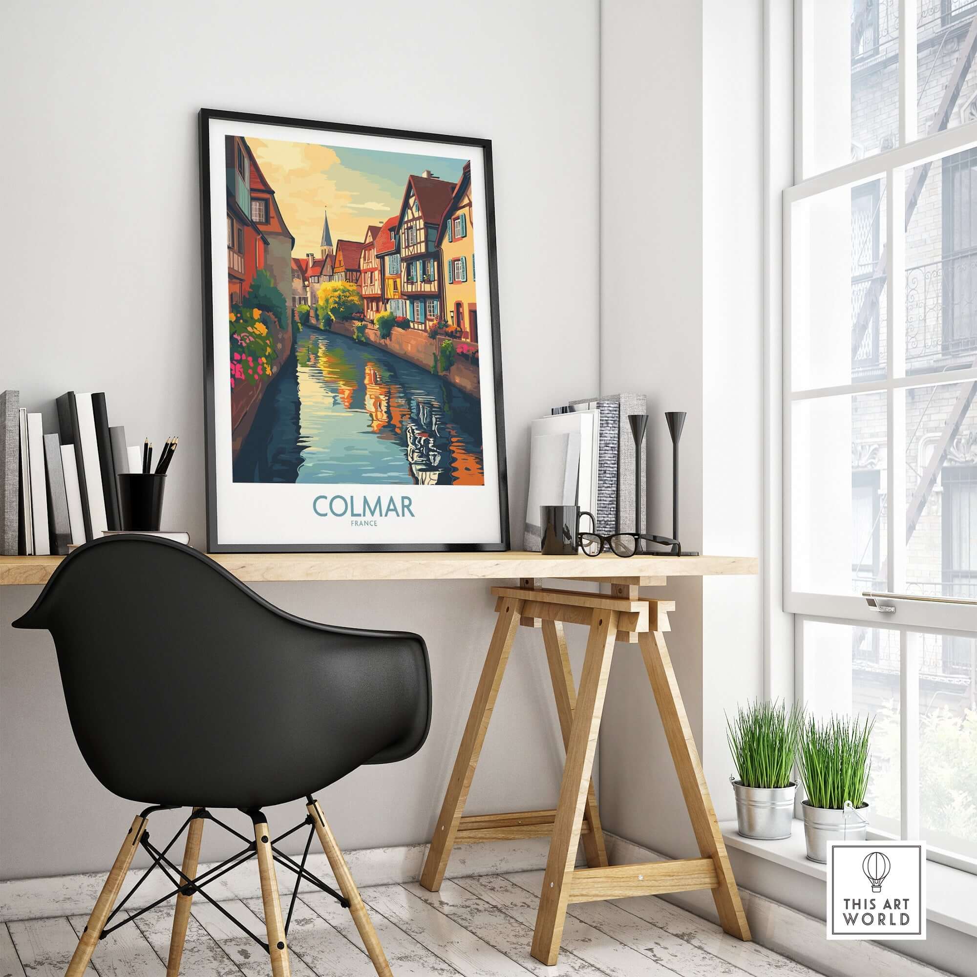Colmar Travel Poster showcasing vibrant colors and a picturesque view of Colmar's charming streets and canals.