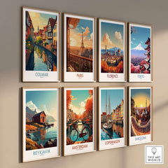 Colmar Travel Poster and other city travel posters displayed on a wall, showcasing vibrant scenes from various destinations.