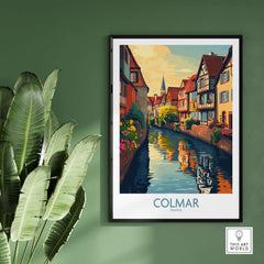 Colmar Travel Poster showcasing the picturesque canals and vibrant architecture of Colmar, France.