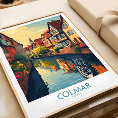 Colmar Travel Poster featuring a picturesque canal scene in Colmar, France with vibrant colors and charming architecture.