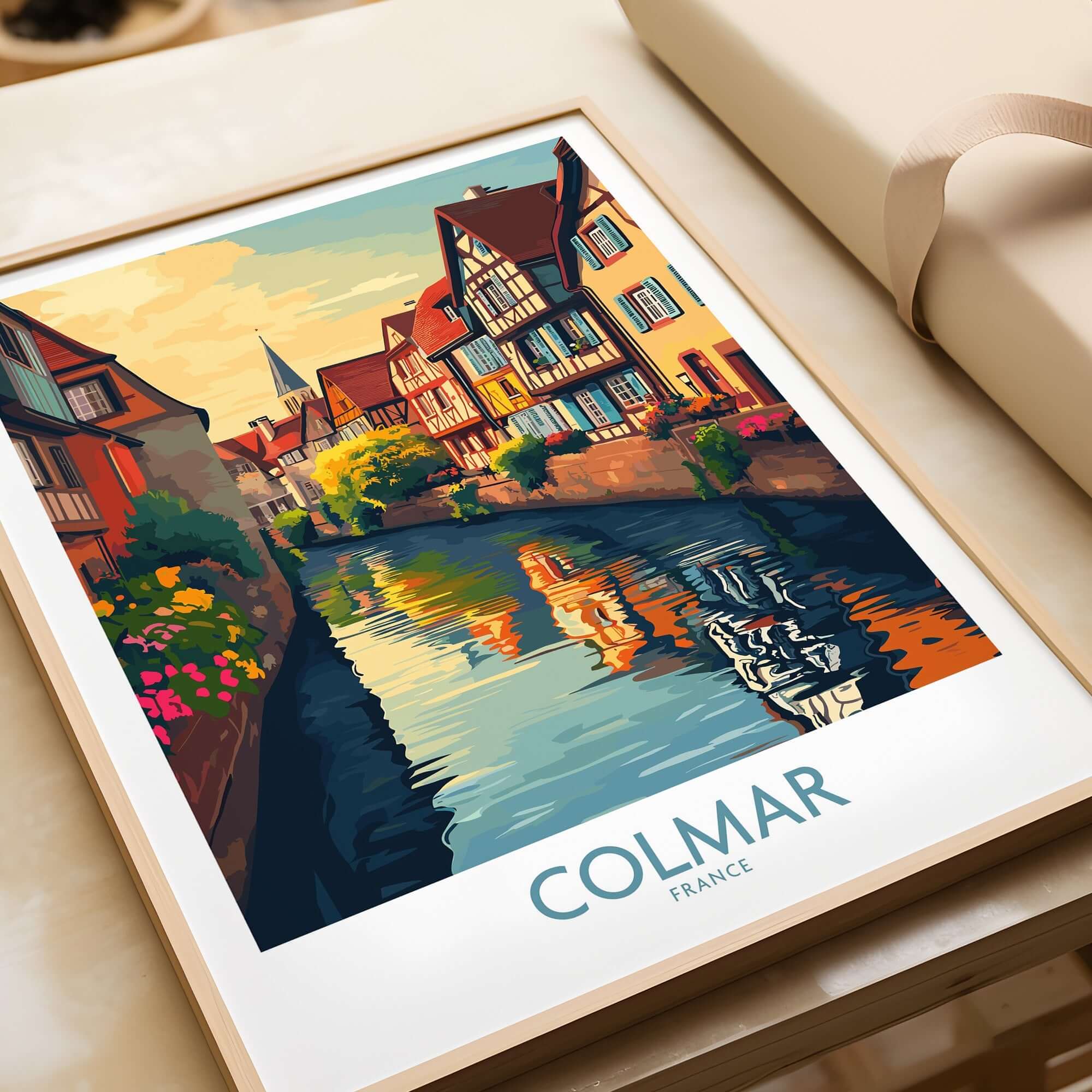 Colmar Travel Poster featuring a picturesque canal scene in Colmar, France with vibrant colors and charming architecture.