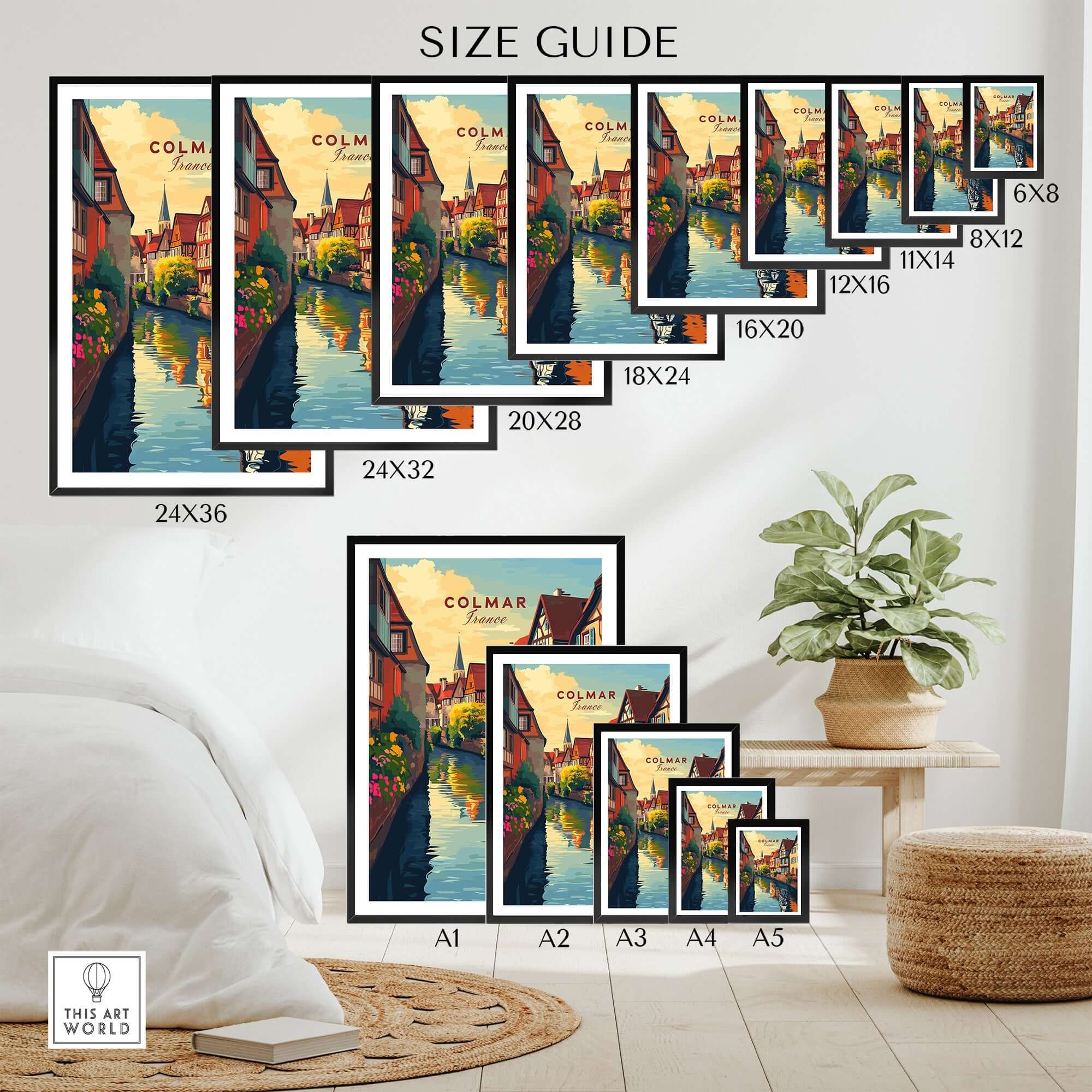 Colmar Travel Print size guide showcasing various dimensions for the travel-themed artwork.