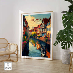 Colmar Travel Print featuring a picturesque scene of Colmar, France, with vibrant colors and iconic architecture.