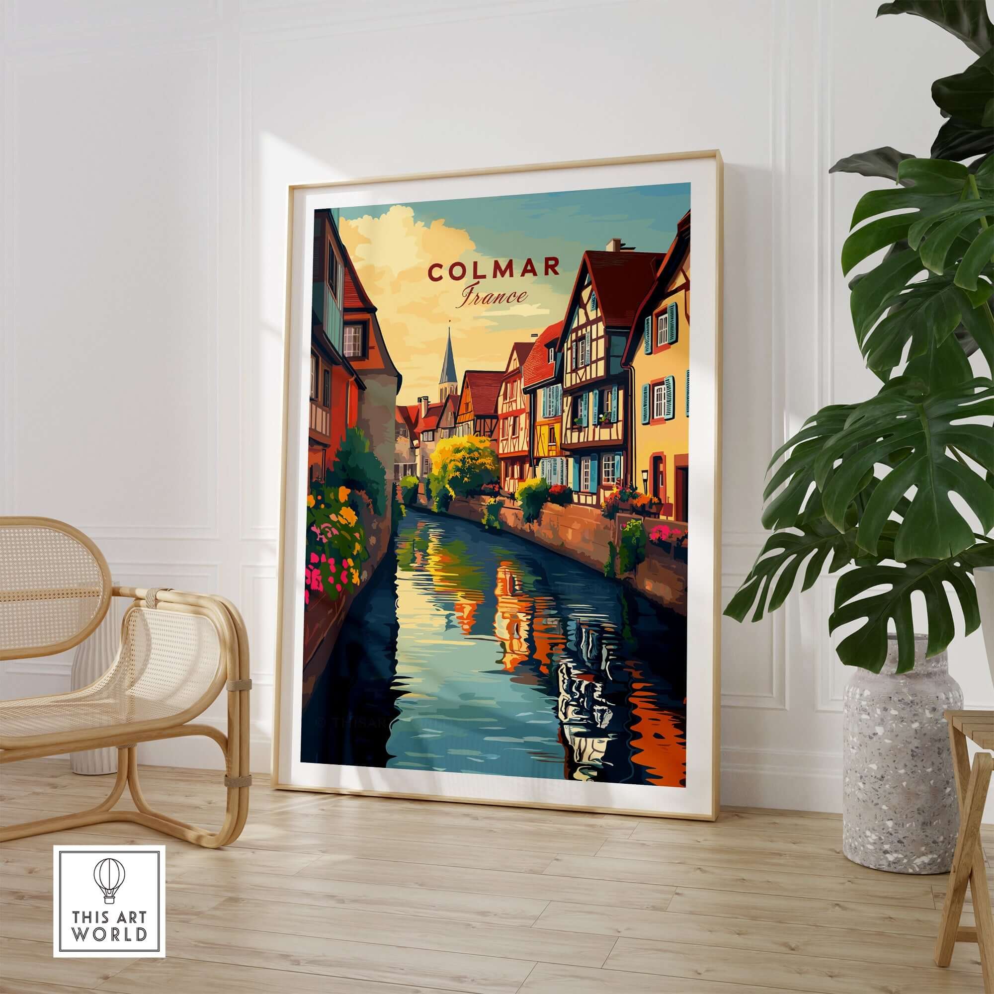 Colmar Travel Print featuring a picturesque scene of Colmar, France, with vibrant colors and iconic architecture.