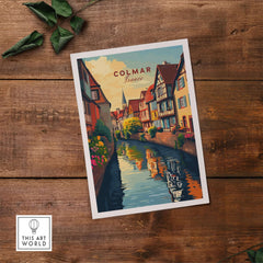 Colmar Travel Print showcasing picturesque streets and reflections in water, vibrant colors and iconic architecture.