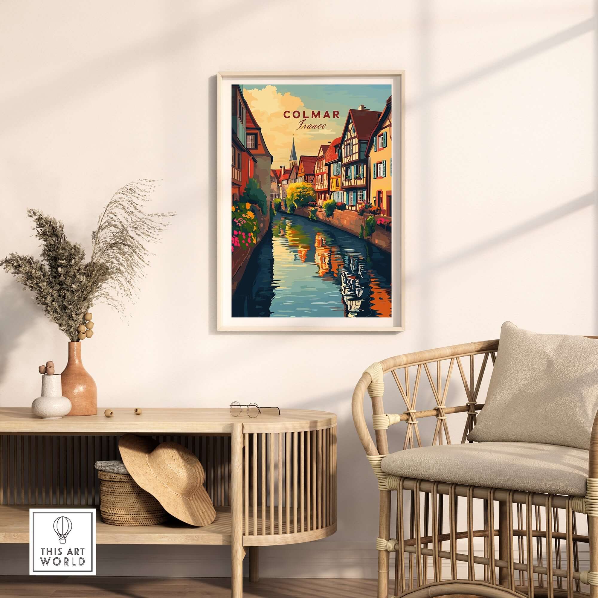 Colmar Travel Print featuring beautiful illustrations of iconic landmarks and vibrant colors in home decor.