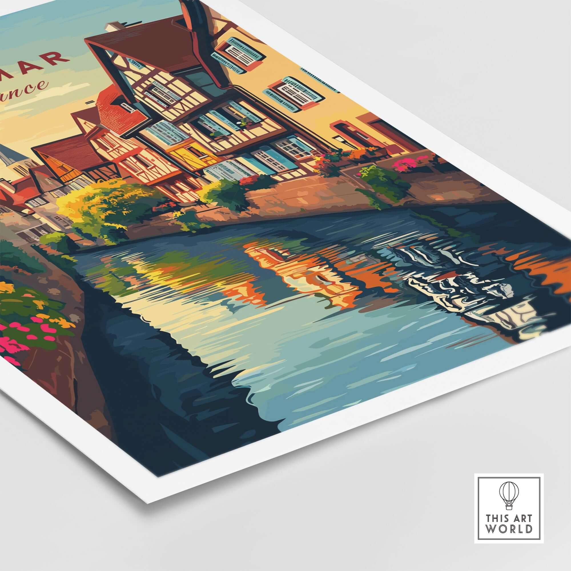 Colmar Travel Print showcasing vibrant illustrations of iconic landmarks and colorful reflections on water.