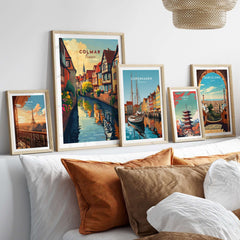 Colmar Travel Print collection featuring vibrant illustrations of famous landmarks and scenic views.