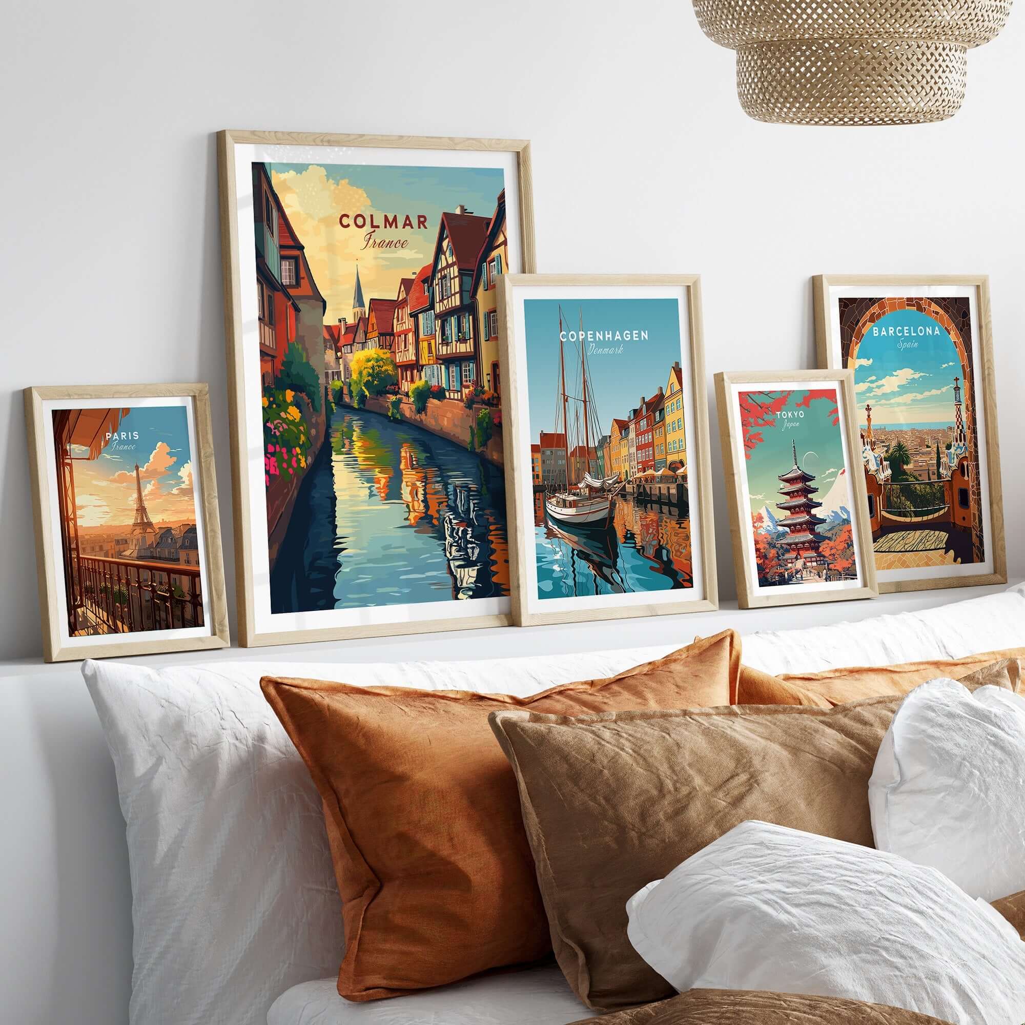 Colmar Travel Print collection featuring vibrant illustrations of famous landmarks and scenic views.