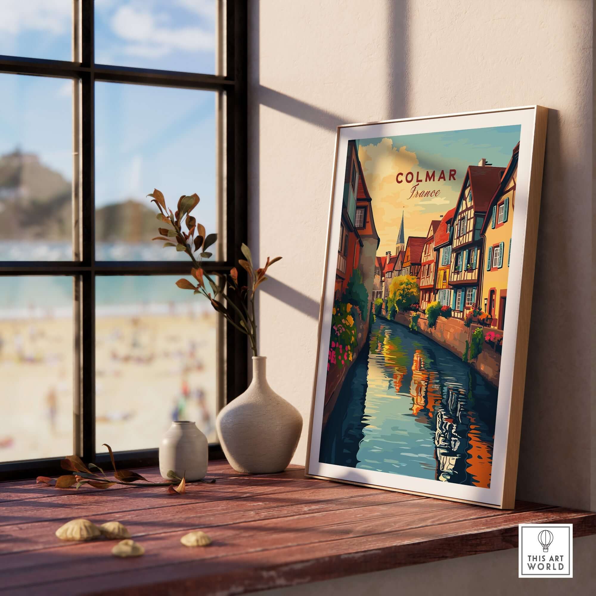 Colmar Travel Print displayed in a sunlit room, highlighting vibrant colors and iconic landmarks.