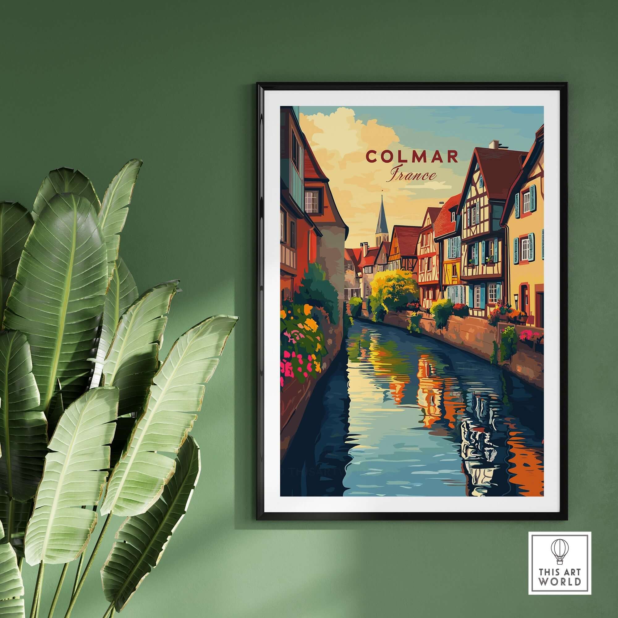 Colmar Travel Print showcasing vibrant illustrations of the picturesque canal and charming architecture in Colmar, France.