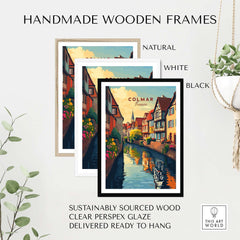 Colmar Travel Print showcased in handmade wooden frames in natural, white, and black finishes.
