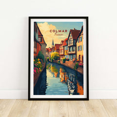 Colmar Travel Print featuring a beautiful illustration of Colmar, France with colorful buildings and a serene canal.