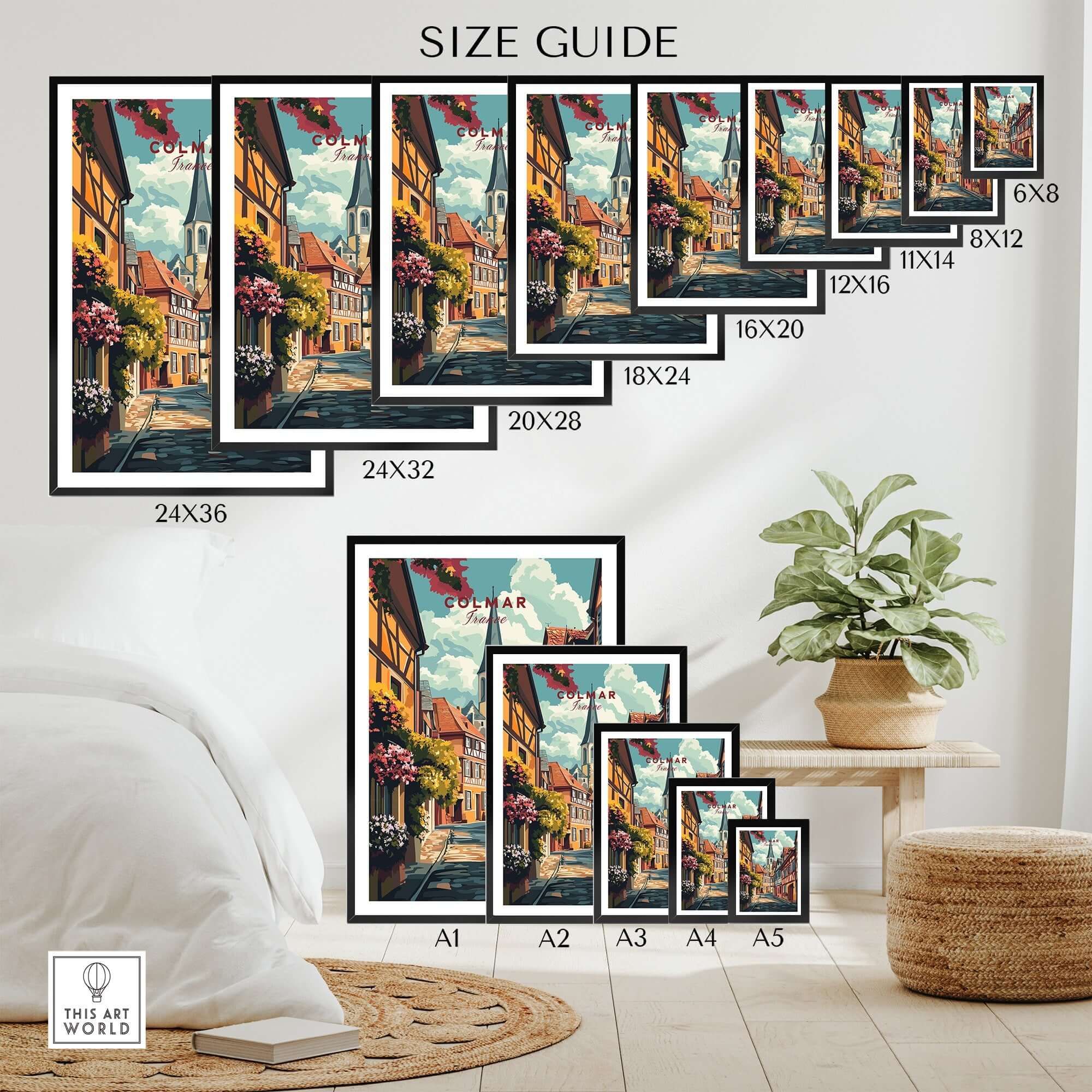 Colmar Wall Art size guide showcasing various dimensions for decorating your space with this beautiful print.