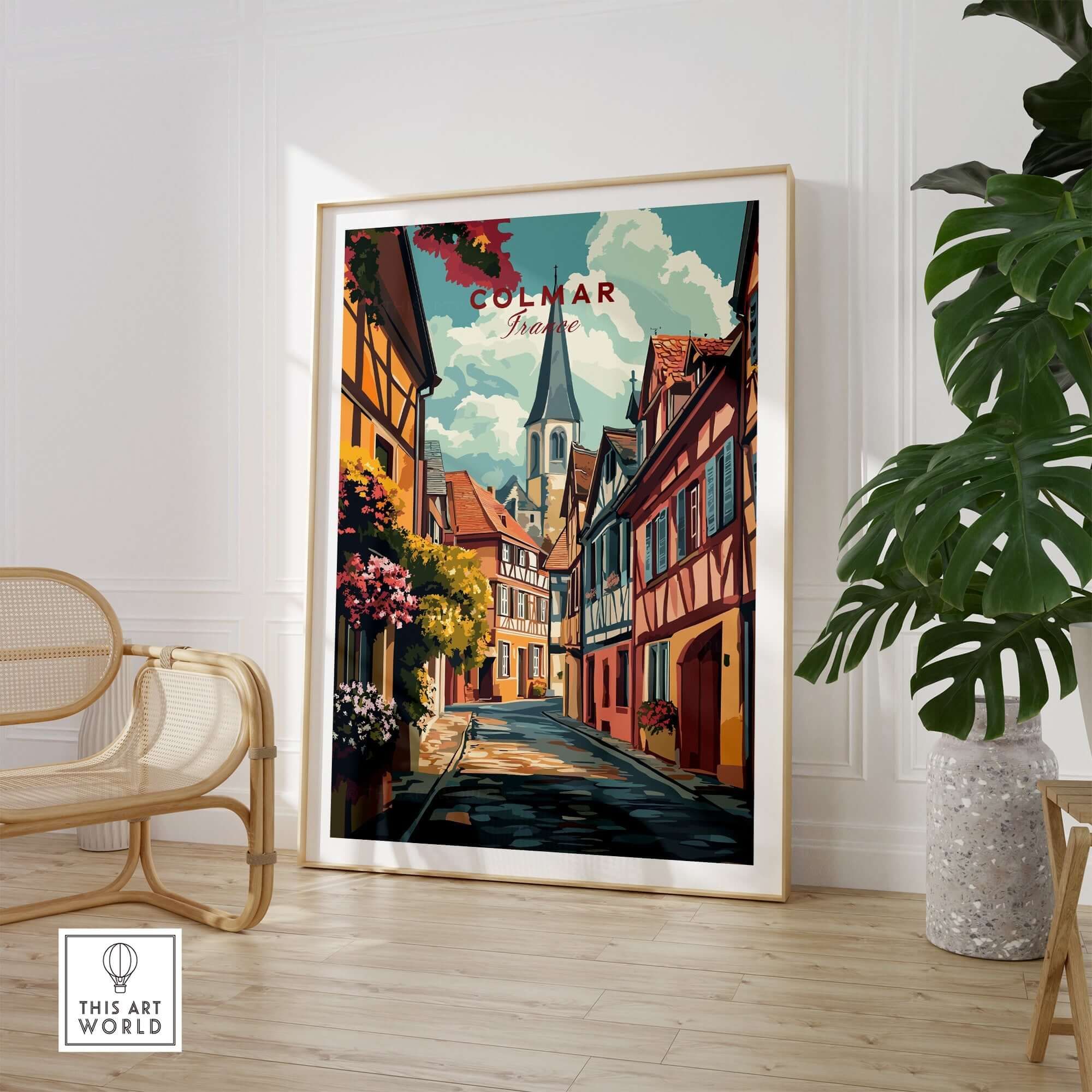 Colmar Wall Art vibrant travel print showcasing colorful streets of Colmar, France in a stylish home setting.