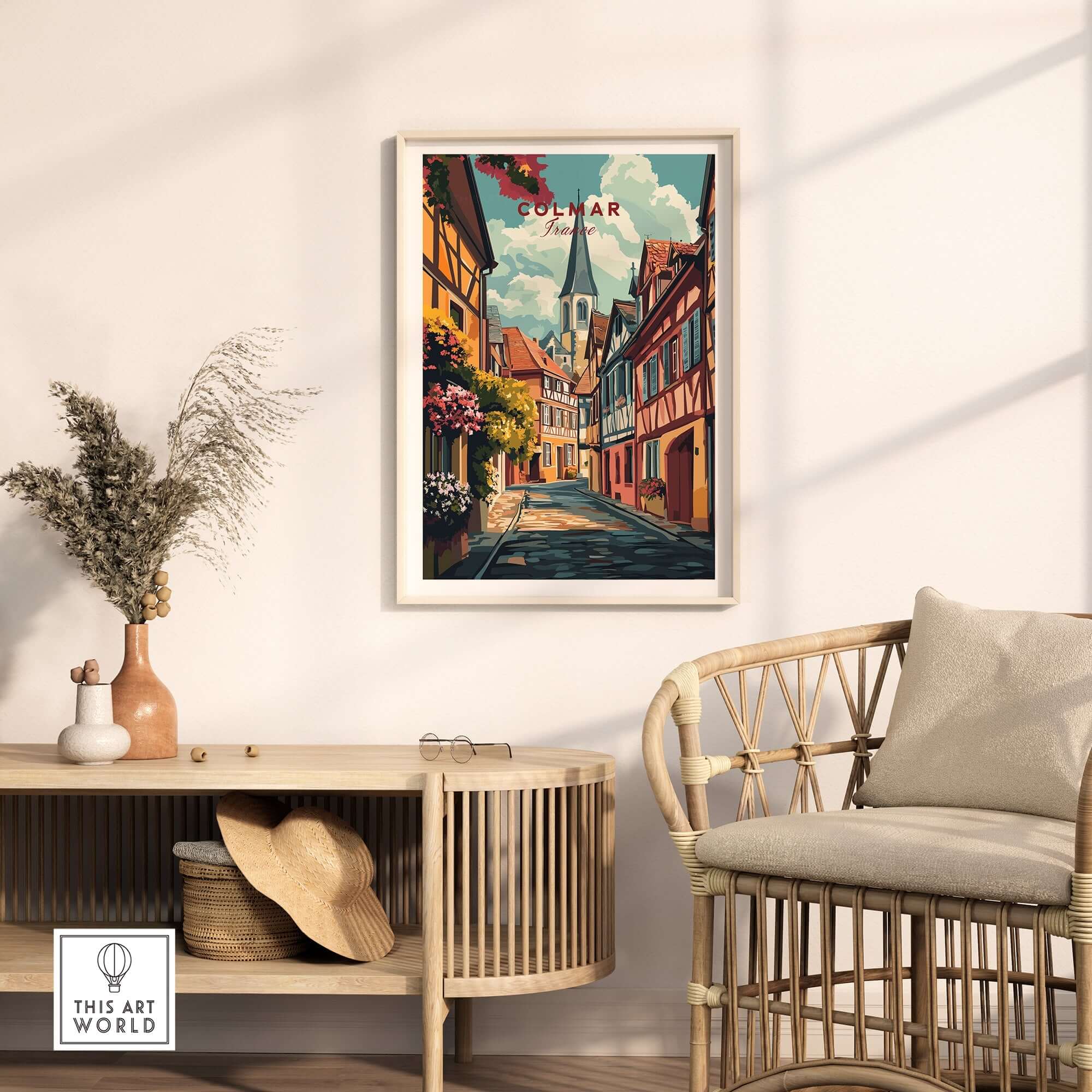 Colmar Wall Art showcasing a vibrant street scene, enhancing home decor with French charm and intricate details.
