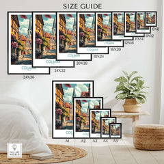Colmar Wall Art Print size guide showcasing various dimensions for home decor options.